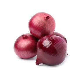 Many fresh red onions on white background