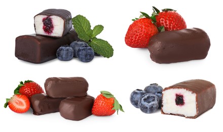 Image of Collage of glazed curd cheese bars with strawberry and blueberry fillings on white background