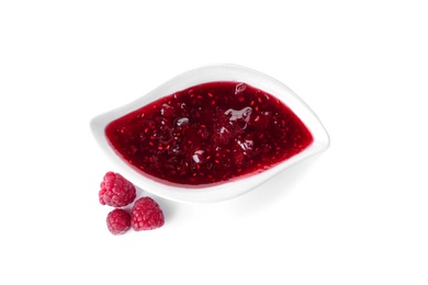 Photo of Gravy boat with delicious raspberry jam on white background