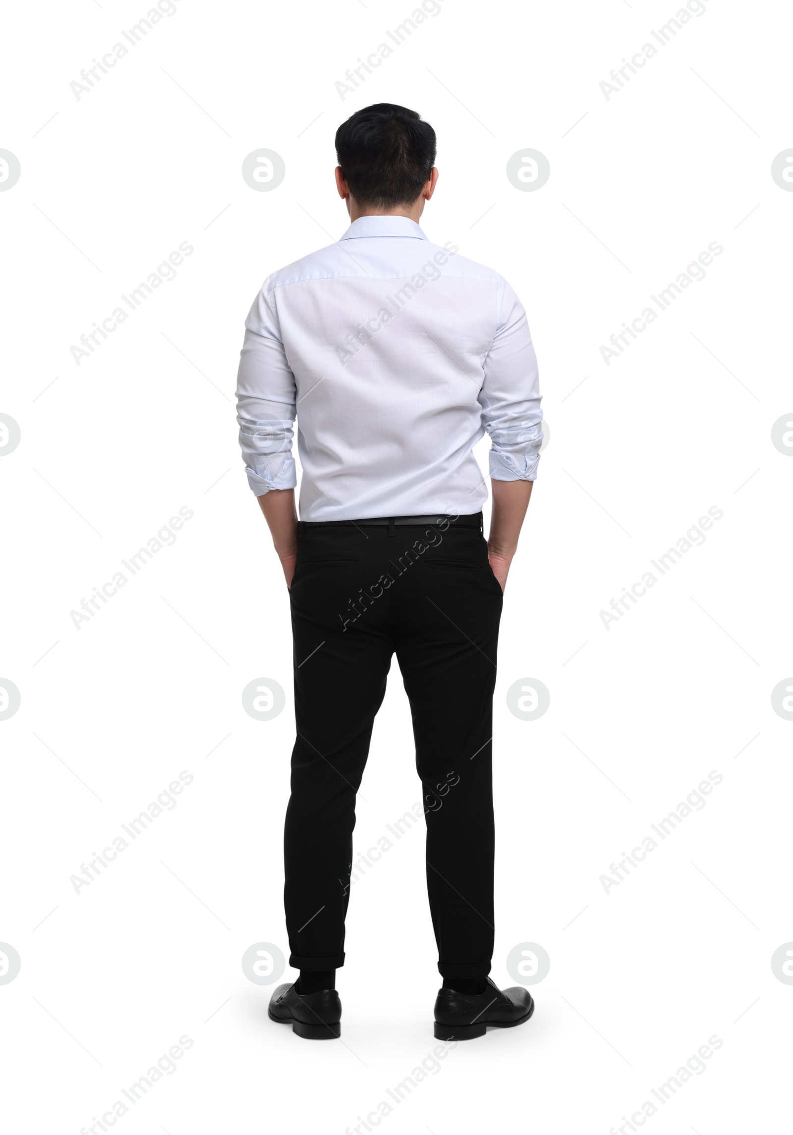 Photo of Businessman in formal clothes on white background, back view