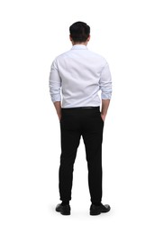 Businessman in formal clothes on white background, back view