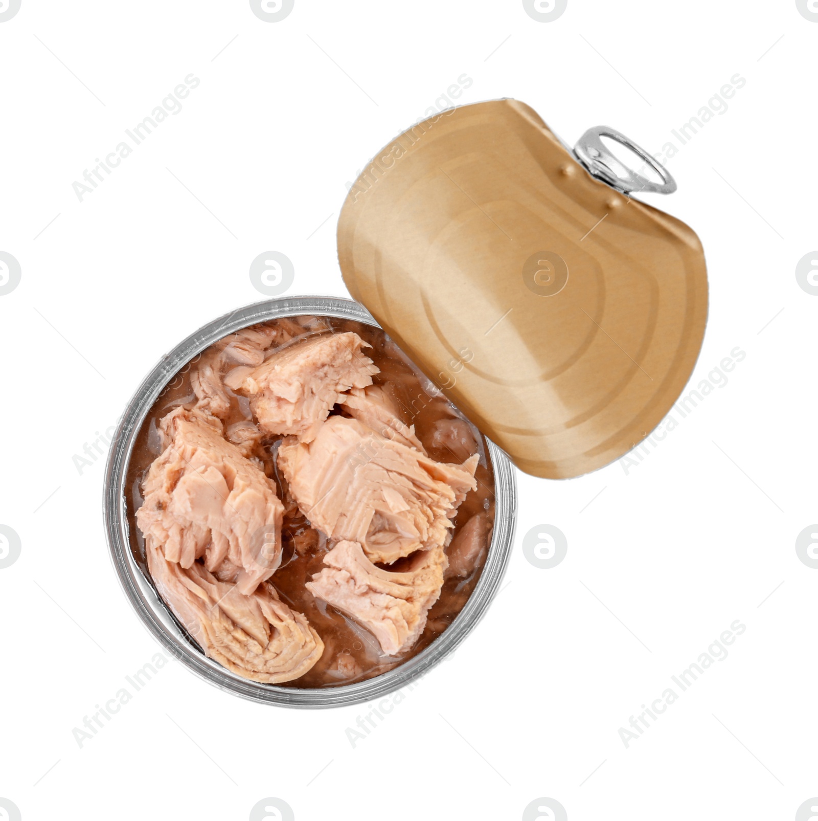Photo of Tin can with conserved tuna on white background, top view