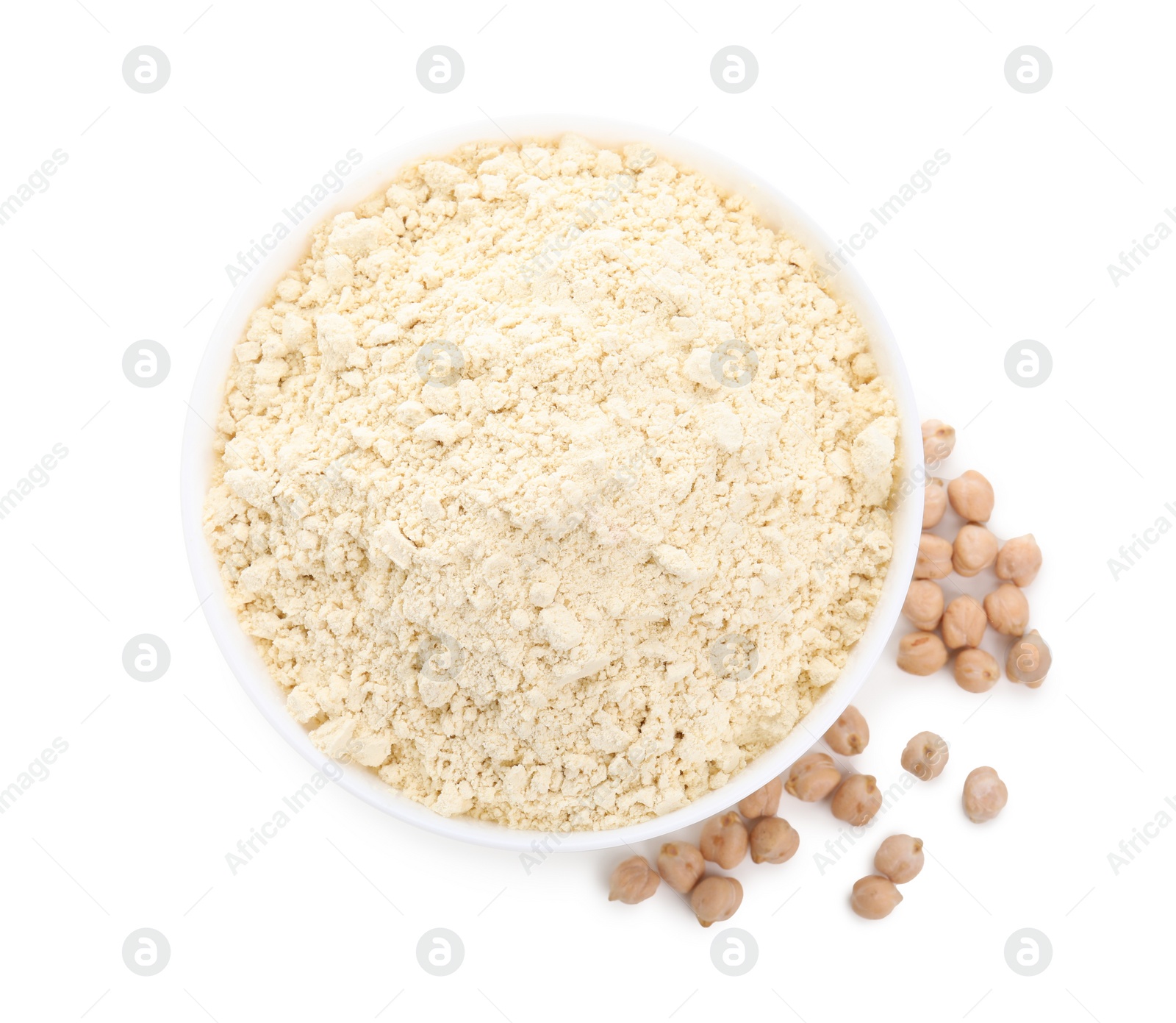 Photo of Chickpea flour in bowl and seeds isolated on white, top view