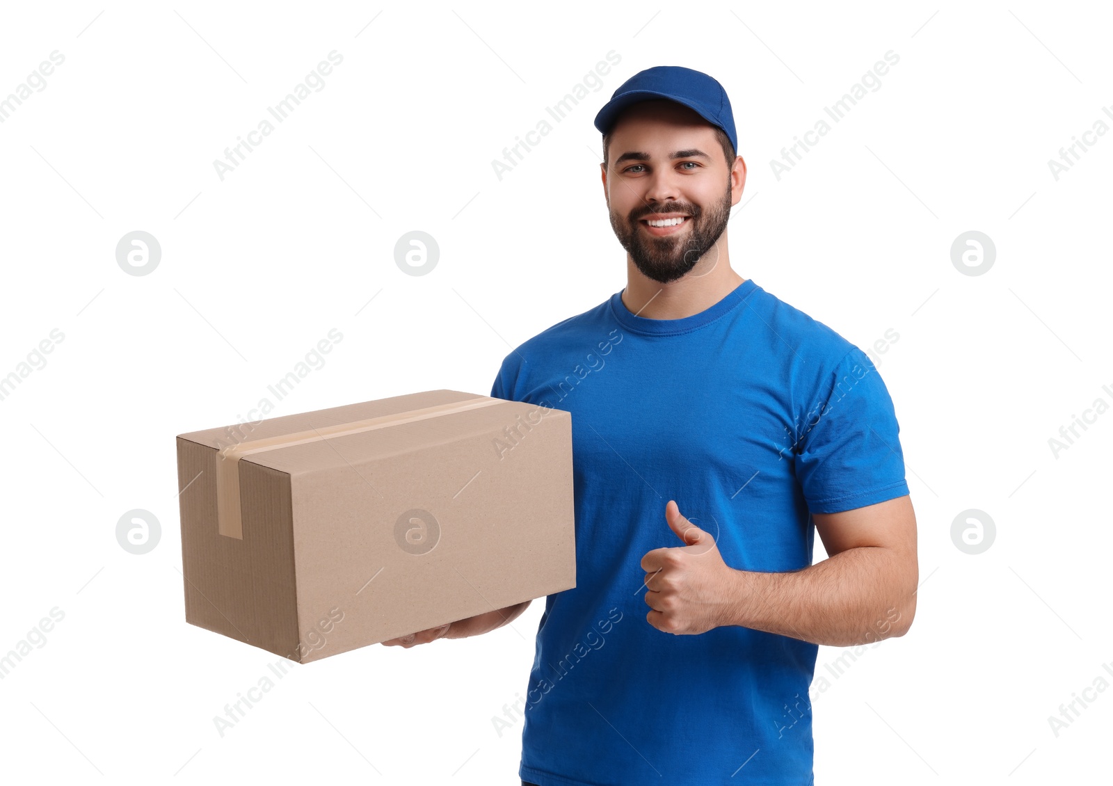 Photo of Happy courier with parcel showing thumb up on white background