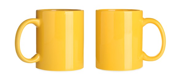 Yellow ceramic mugs on white background, collage. Banner design