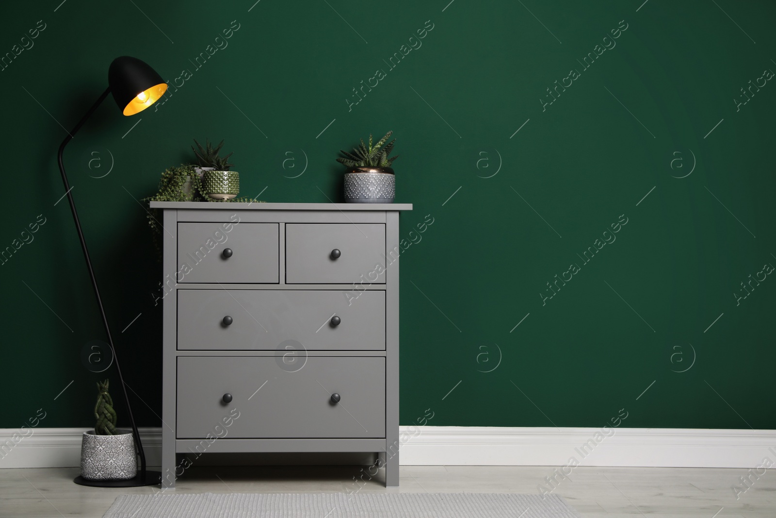 Photo of Modern chest of drawers with houseplants and lamp near green wall indoors. Space for text