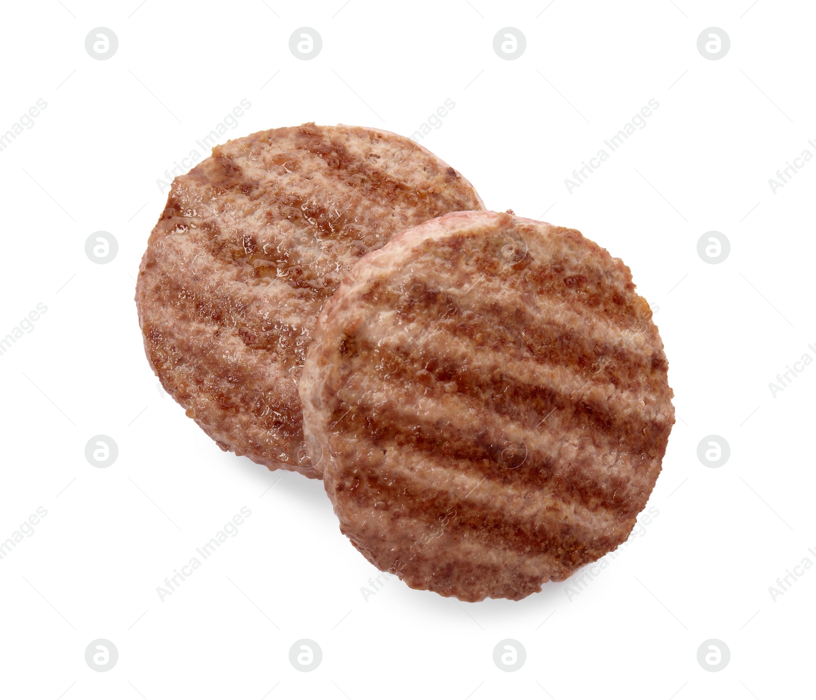 Photo of Tasty grilled hamburger patties on white background, top view