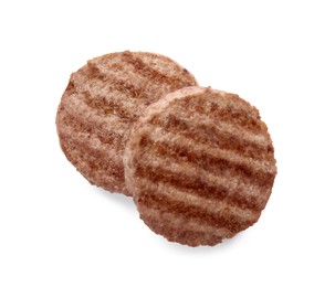 Photo of Tasty grilled hamburger patties on white background, top view
