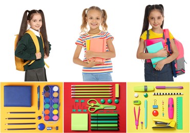 Collage with photos of cute girls and different stationery. Back to school