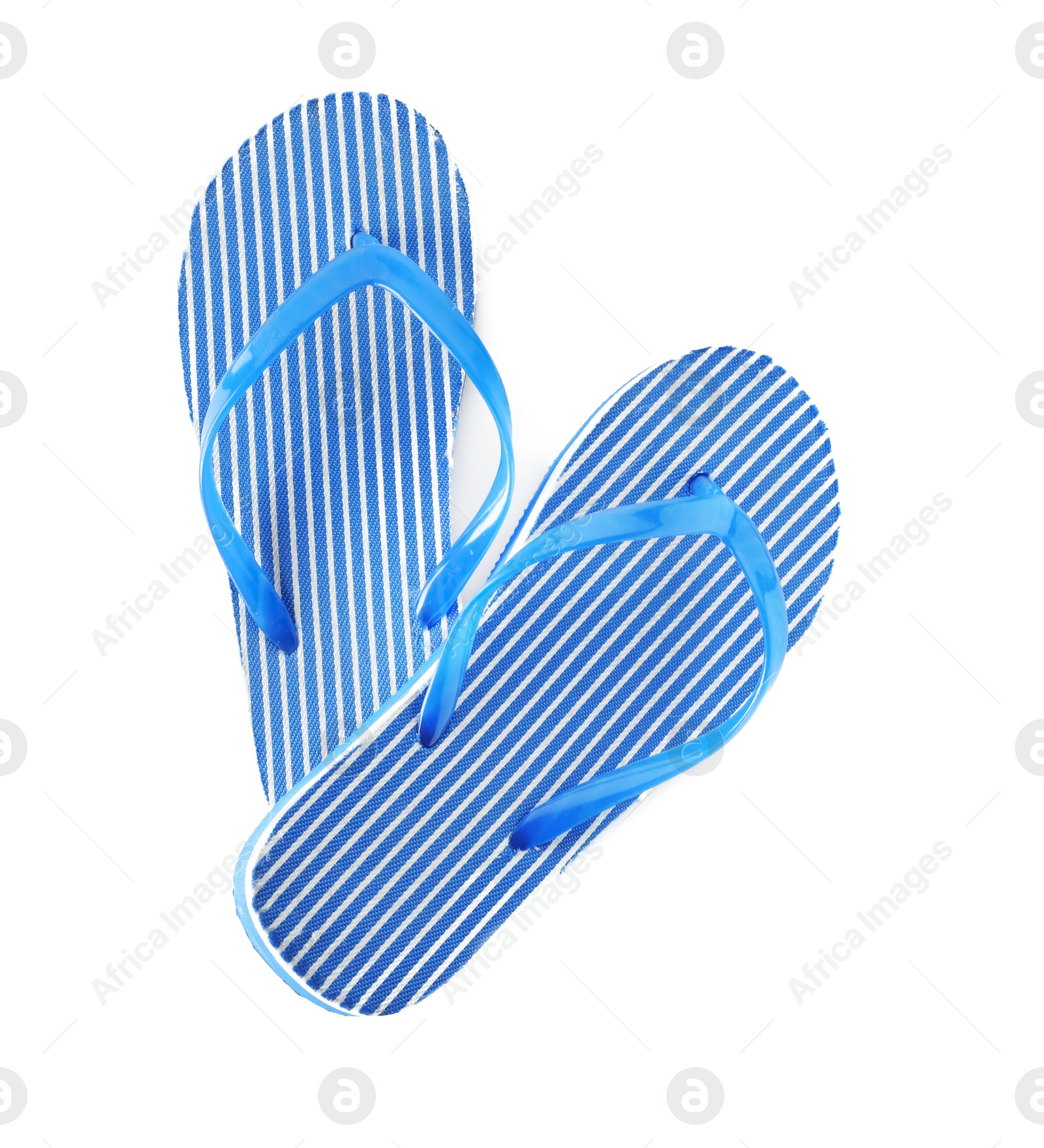 Photo of Bright flip flops on white background. Beach object