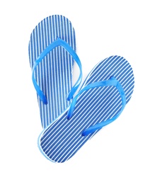 Photo of Bright flip flops on white background. Beach object