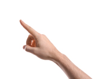 Man pointing at something on white background, closeup of hand