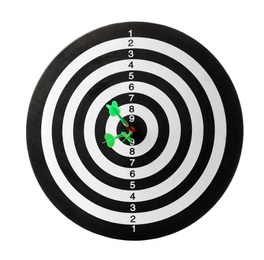 Photo of Green arrows hitting target on dart board against white background