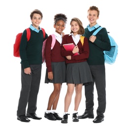 Happy pupils in school uniform on white background