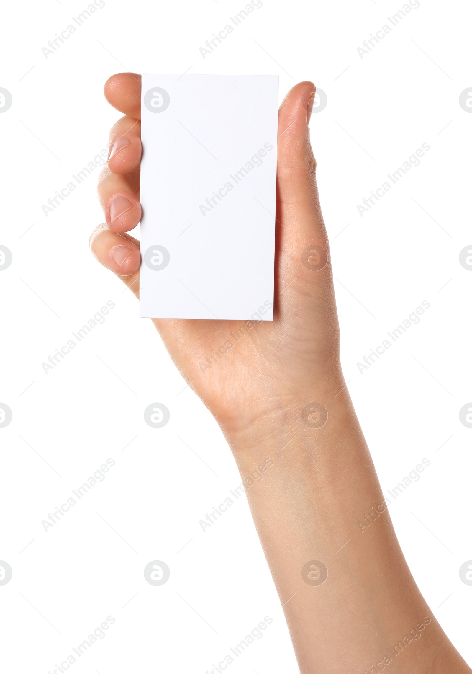 Photo of Woman holding blank business card on white background, closeup. Mockup for design