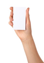 Photo of Woman holding blank business card on white background, closeup. Mockup for design