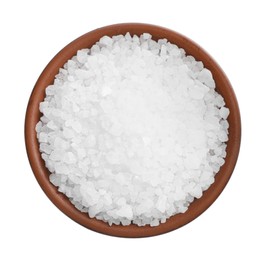 Natural salt in bowl isolated on white, top view