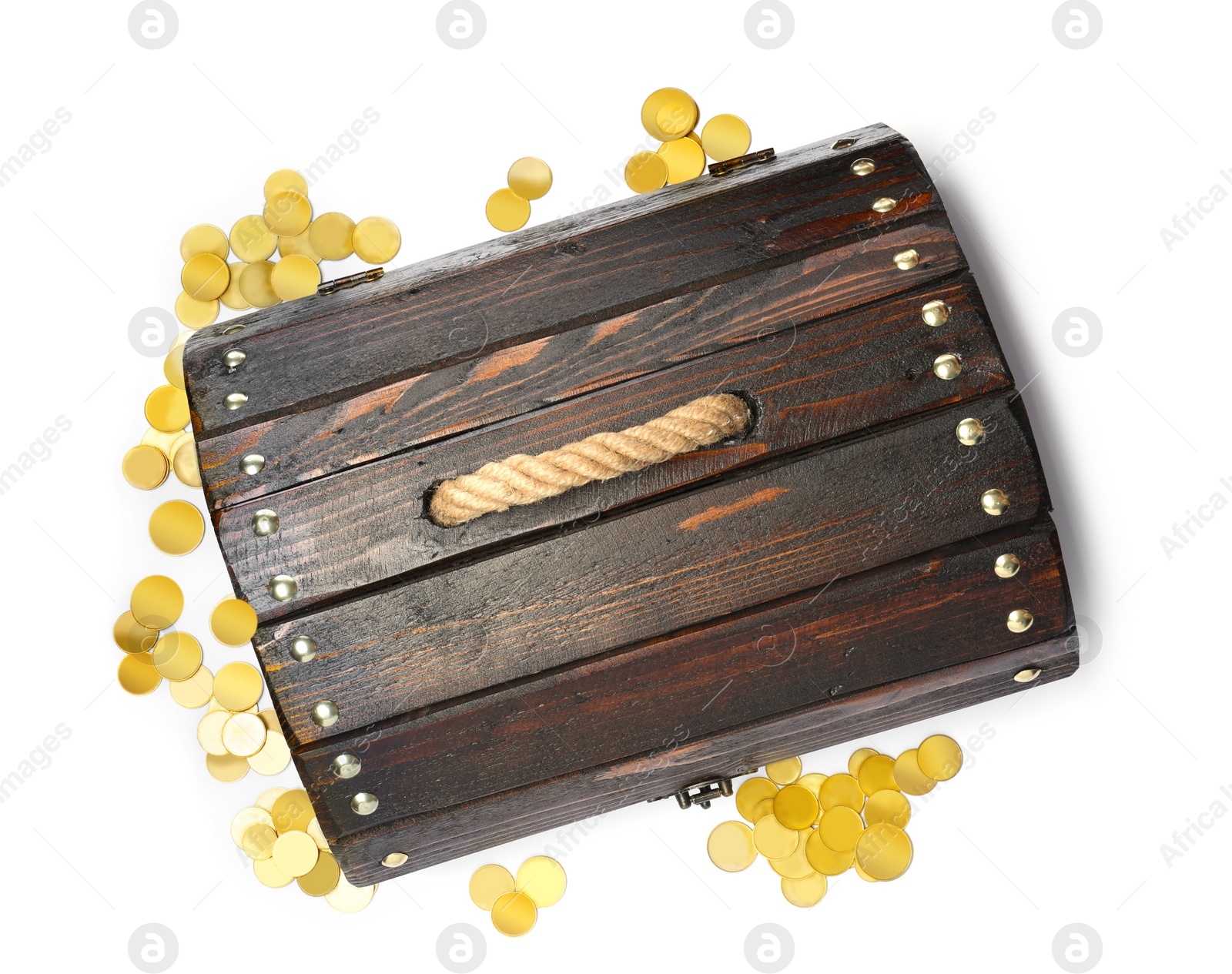 Image of Treasure chest and gold coins on white background, top view