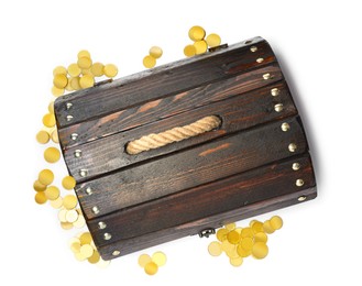 Treasure chest and gold coins on white background, top view