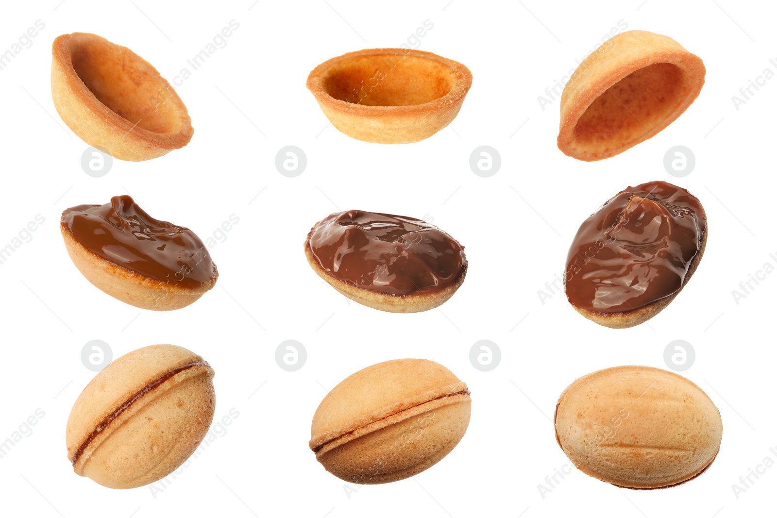 Image of Making delicious nut shaped cookies with caramelized condensed milk isolated on white. Collage with empty shells, filled ones and whole cookie