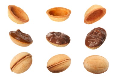 Image of Making delicious nut shaped cookies with caramelized condensed milk isolated on white. Collage with empty shells, filled ones and whole cookie