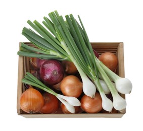 Wooden crate with different kinds of onions isolated on white, top view