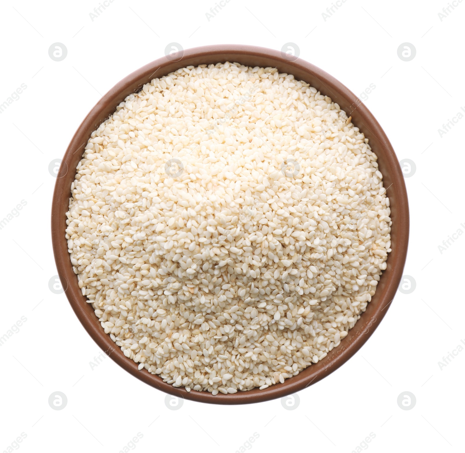 Photo of Sesame seeds in bowl on white background, top view