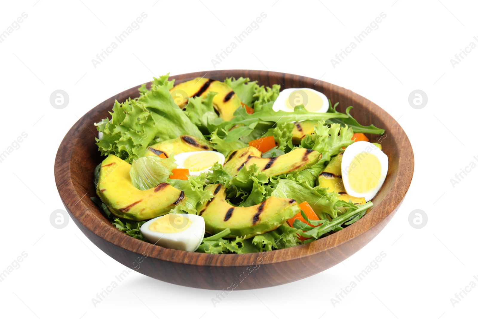 Photo of Delicious avocado salad with boiled eggs in bowl on white background