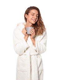 Photo of Beautiful woman with cup of coffee wearing bathrobe on white background