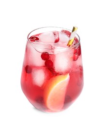 Tasty refreshing cranberry cocktail with lemon isolated on white