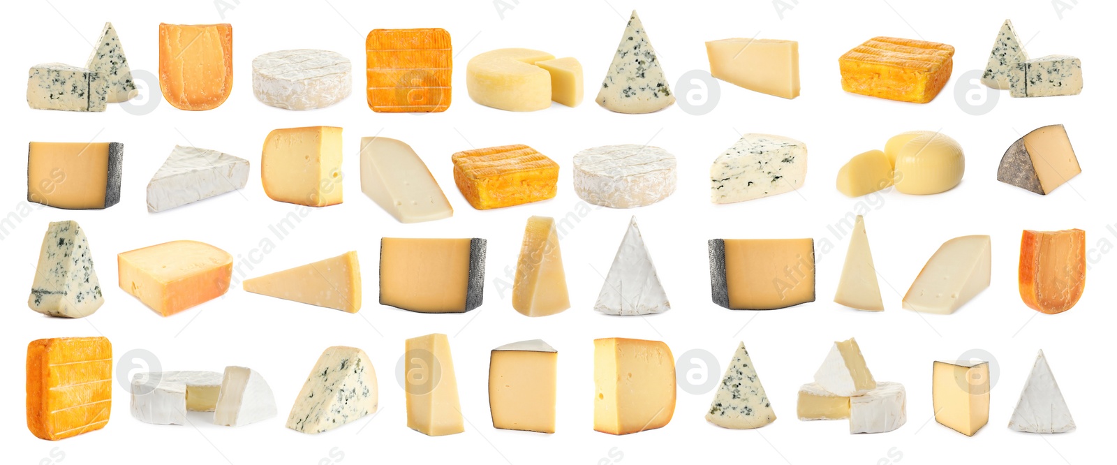 Image of Set with different sorts of cheese on white background. Banner design