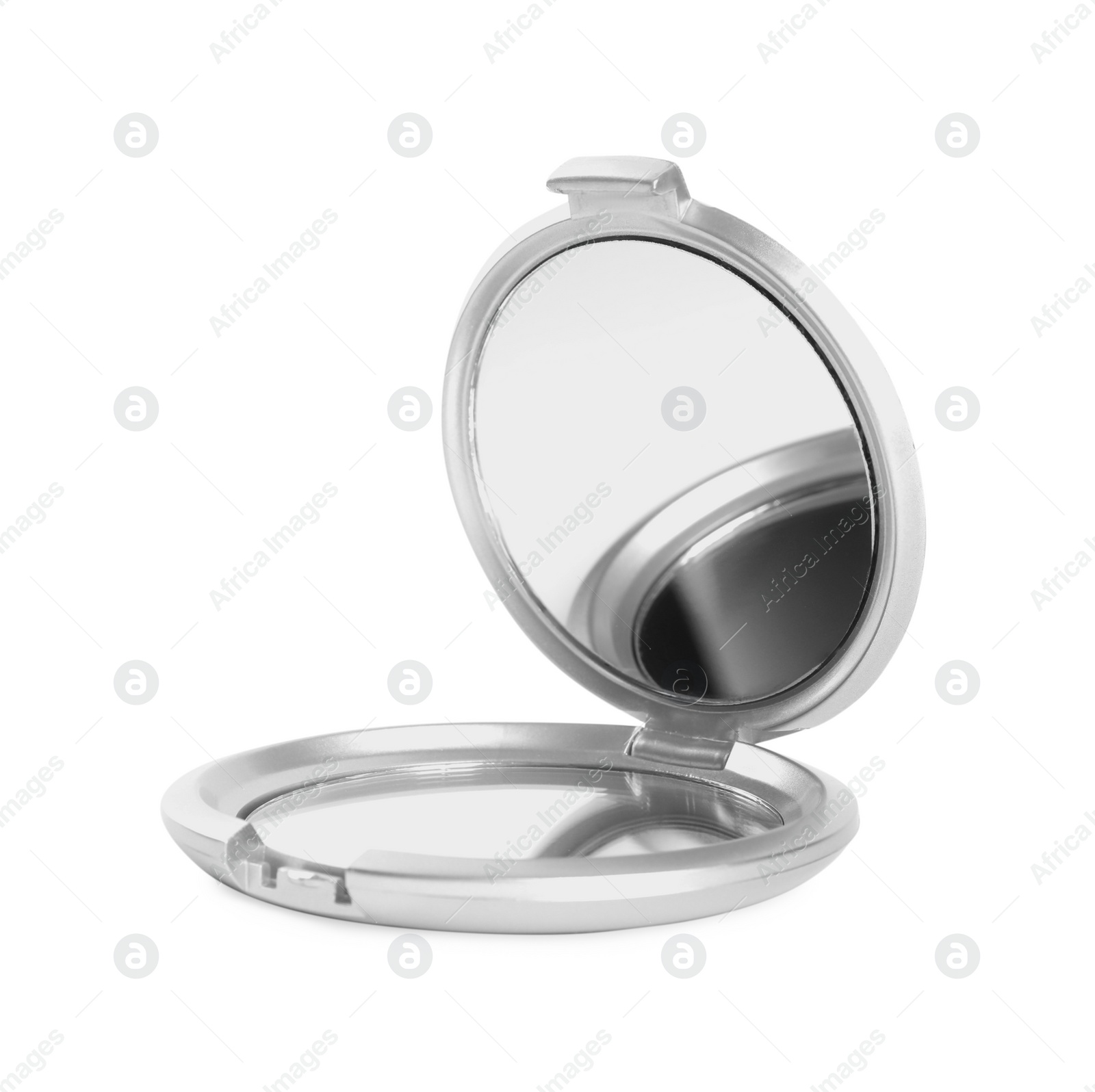 Photo of Grey cosmetic pocket mirror isolated on white