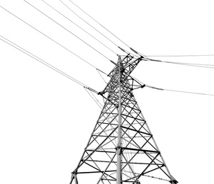 Image of High voltage tower isolated on white, low angle view. Electric power transmission