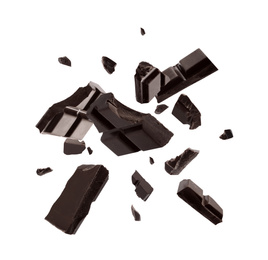 Dark chocolate explosion, pieces shattering on white background