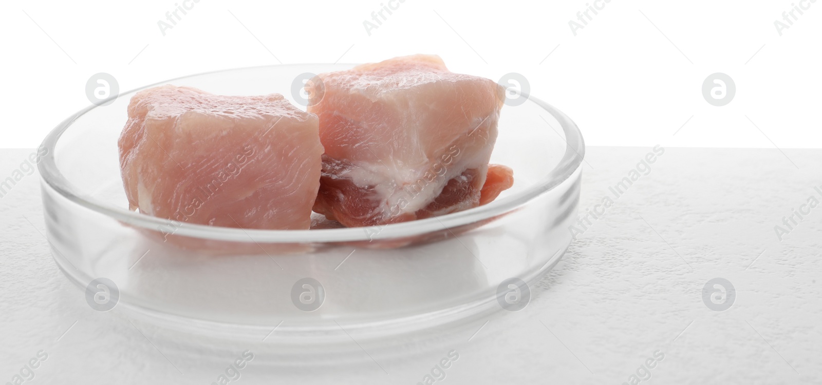 Photo of Petri dish with pieces of raw cultured meat on table against white background