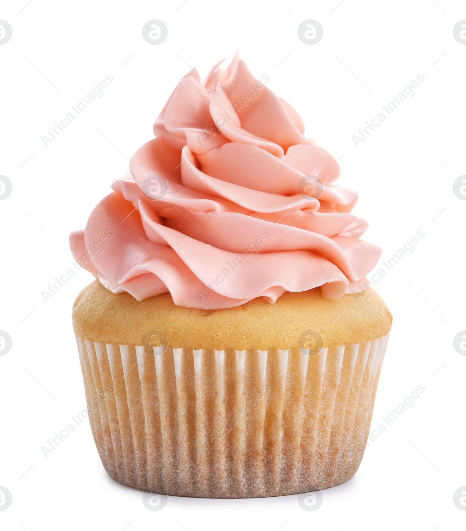 Photo of Delicious cupcake with cream on white background