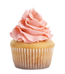 Photo of Delicious cupcake with cream on white background