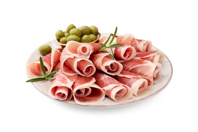 Photo of Plate with rolled slices of delicious jamon, olives and rosemary isolated on white