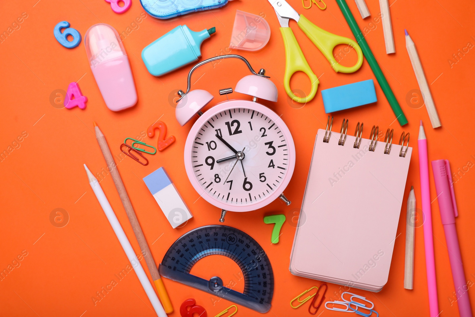 Photo of Flat lay composition with different school stationery and alarm clock on red background, space for text. Back to school