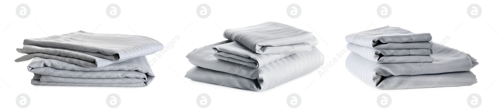 Image of Set with stacks of clean bed linen on white background. Banner design