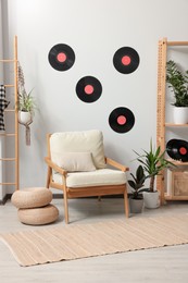 Living room interior decorated with vinyl records and houseplants