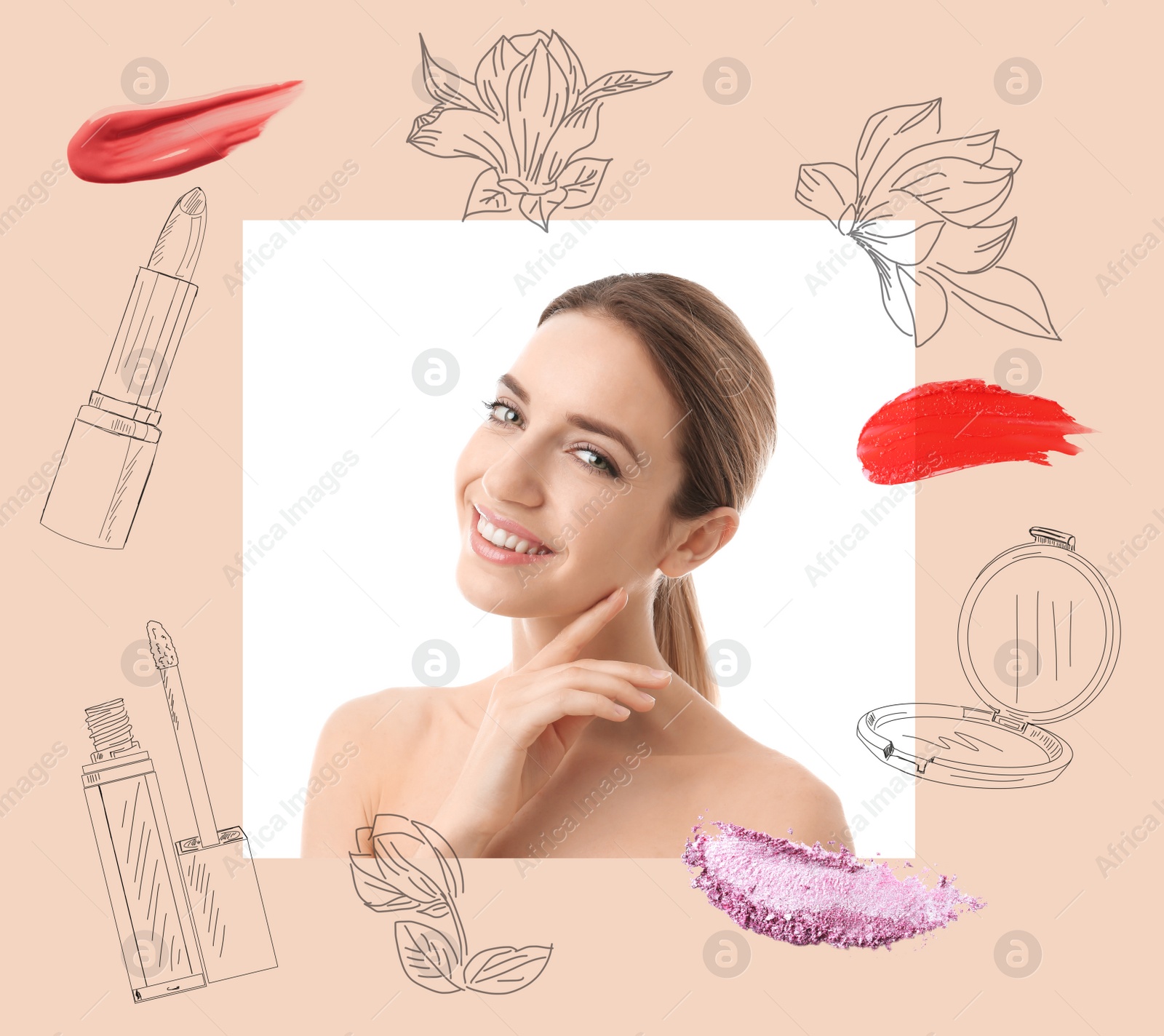 Image of Beautiful woman and professional cosmetic products on color background. Makeup artist