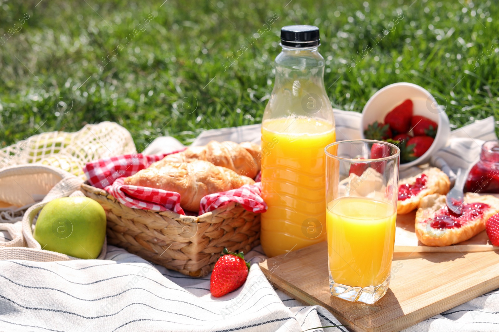 Photo of Fresh juice and different products on blanket outdoors. Summer picnic