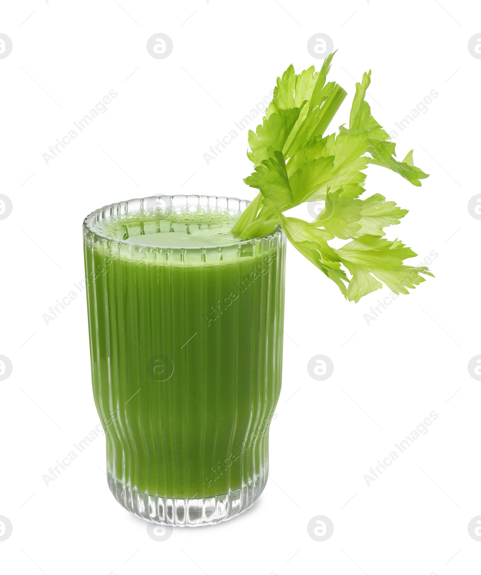 Photo of Glass of fresh celery juice on white background