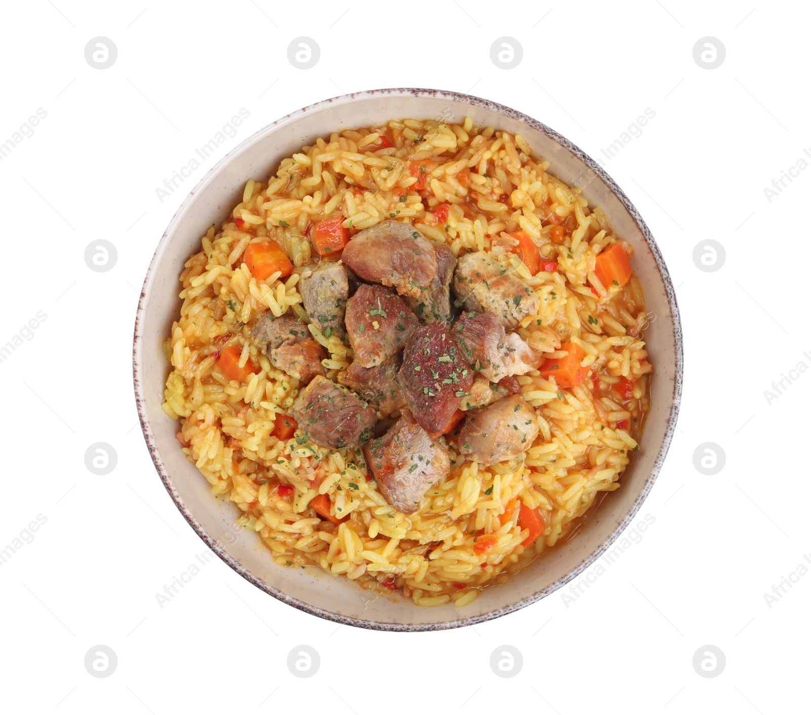 Photo of Delicious pilaf with meat isolated on white, top view