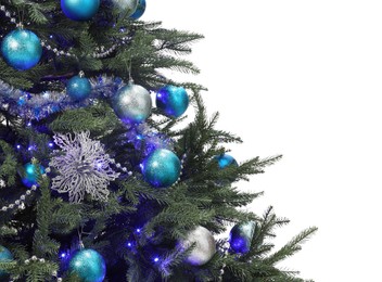 Beautiful Christmas tree decorated with ornaments and festive lights isolated on white