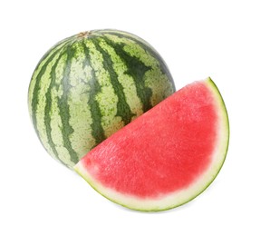 Delicious cut and whole ripe watermelons on white background