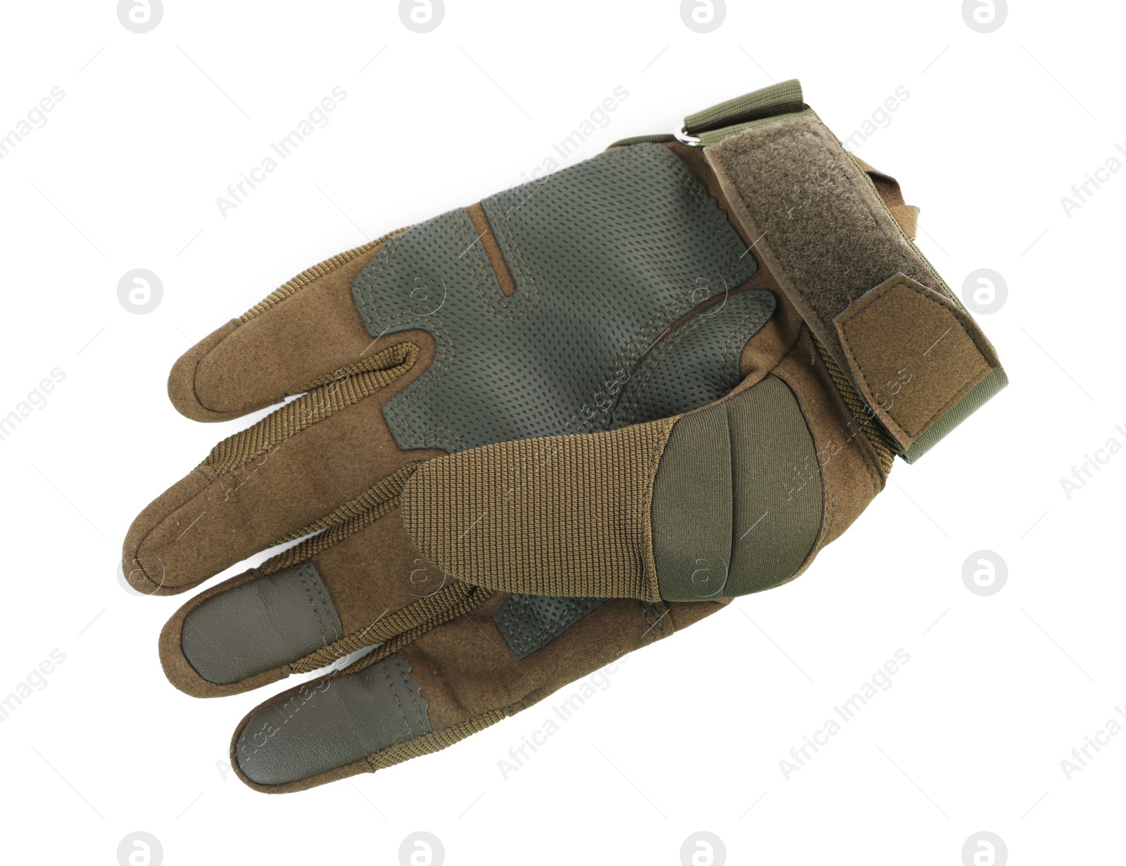 Photo of Tactical glove isolated on white, top view. Military training equipment