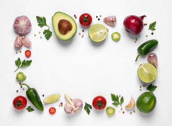 Frame of fresh guacamole ingredients on white background, flat lay. Space for text