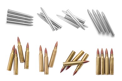 Set of many bullets on white background, top view